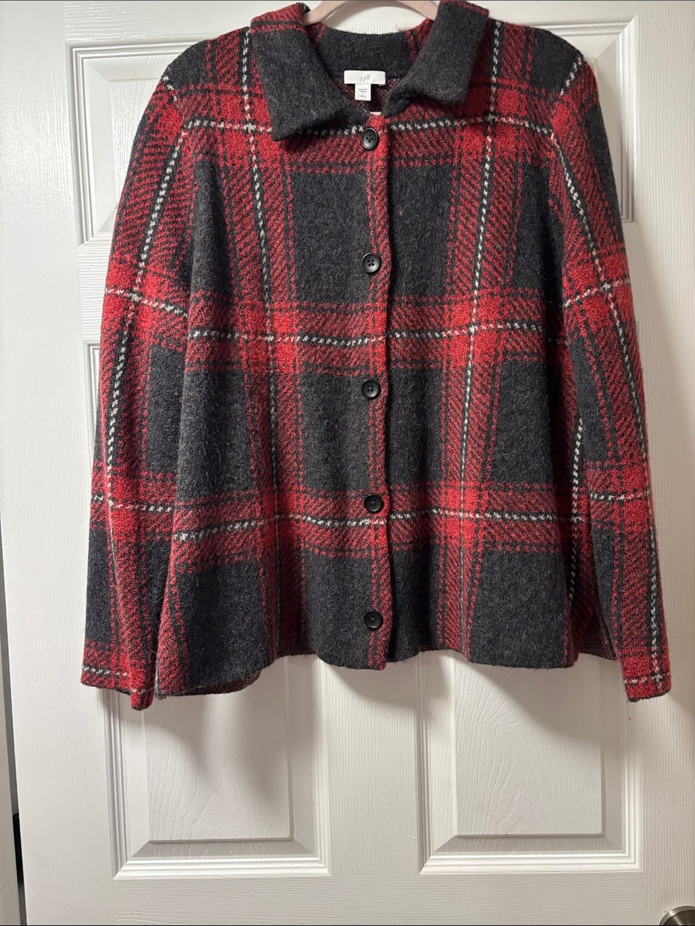J Jill Red and Charcoal Plaid Button-Front Sweater